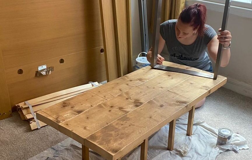 Rebecca Fox making a desk out of reclaimed scaffolding boards