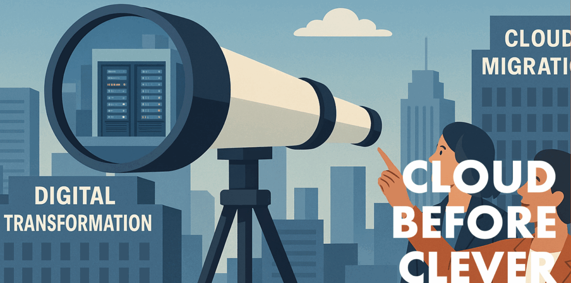 Cloud Before Clever Blog - two people a CIO and CEO looking out over a city. The CEO pointing the sky with a AI FOR THE WIN plane, and the CIO looking through a telescope at a building with Digital Transformation and Cloud Migration written on it.