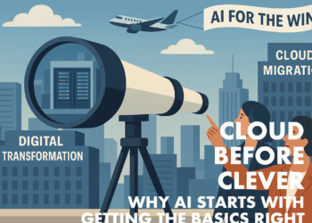 Cloud Before Clever Blog - two people a CIO and CEO looking out over a city. The CEO pointing the sky with a AI FOR THE WIN plane, and the CIO looking through a telescope at a building with Digital Transformation and Cloud Migration written on it.