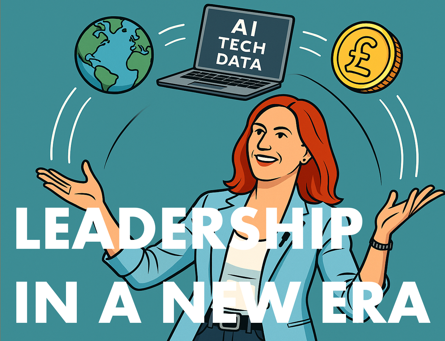 Leadership in a new era blog - text over cartoon Rebecca Fox juggling a laptop, a world and money
